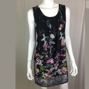 Vintage Floral Mustard Tunic Lace Up Top/Dress S